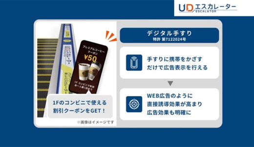 UDエスカレーター、エスカレーター⼿すりに、デジタルメディアとしての付加価値をつける実証実験を開始